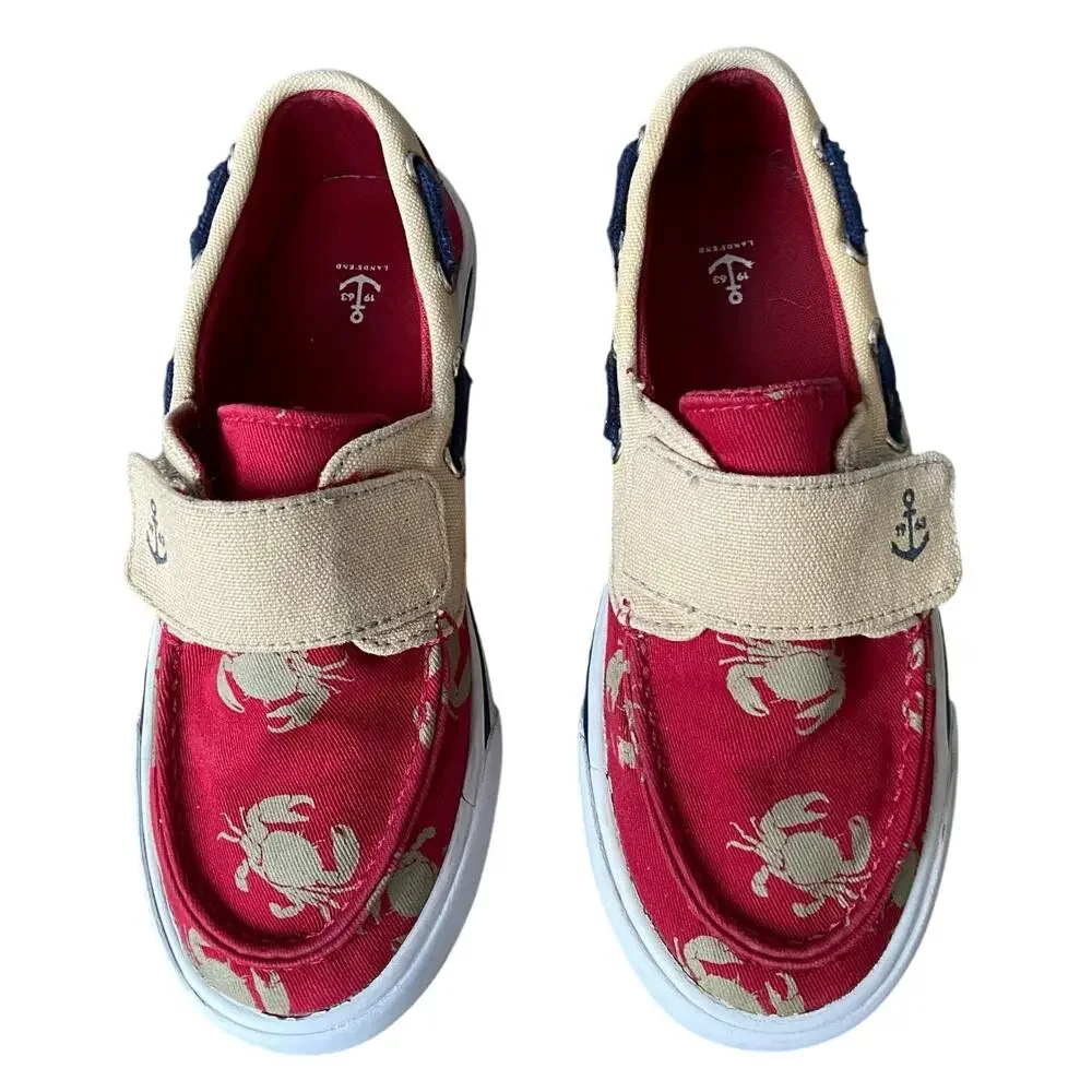 Lands End Canvas Boat Shoes Boy Sz 2 Red Tan Crab Strapped
